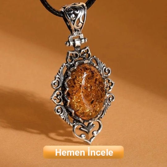 Orijinal Damla Kehribar El İşi Gümüş Kolye