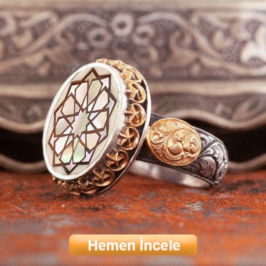 Kalem İşleme 22 Ayar Altınlı Sedef İçine Bağa Kakma Selçuklu Yıldızı El İşi Yüzük