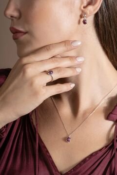 Doğal Yakut Taşlı Minimal Gümüş Kadın Takı Seti Gümüş Rengi - 17