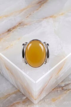 Yalın Model Sarı Akik Taşlı Sade Parlak Gümüş Erkek Yüzük 20 - Gümüş Rengi