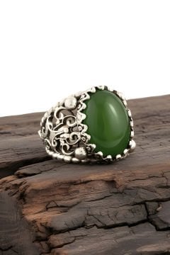 Yeşil Akik Taşlı El İşi Gümüş Yüzük