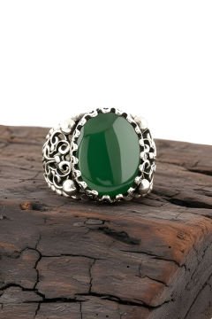 Yeşil Akik Taşlı El İşi Gümüş Yüzük