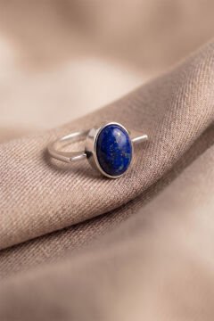 Geometrik Tasarım Lapis Lazuli Taşlı Kadın Gümüş Yüzük 23 - Gümüş Rengi