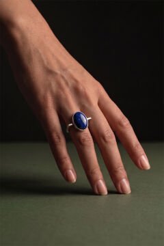 Geometrik Tasarım Lapis Lazuli Taşlı Kadın Gümüş Yüzük 23 - Gümüş Rengi