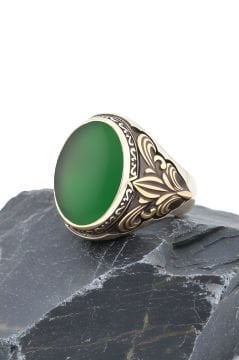 Yeşil Akik Taşlı Gümüş Erkek Yüzük