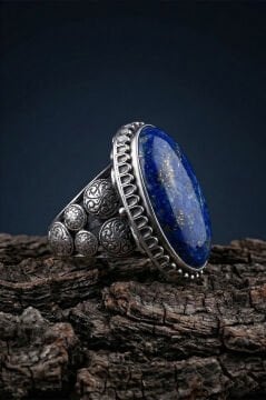 Büyük Boy Lapis Lazuli Taşlı Özel Tasarım Erkek Gümüş Yüzük