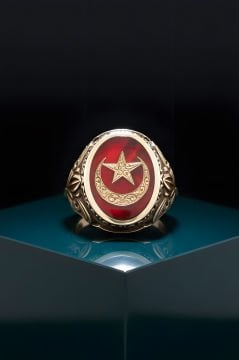 Ay Yıldız Desenli Mineli Gümüş Erkek Yüzük