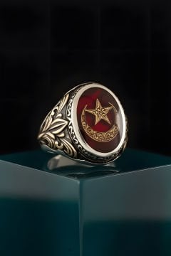 Ay Yıldız Desenli Mineli Gümüş Erkek Yüzük