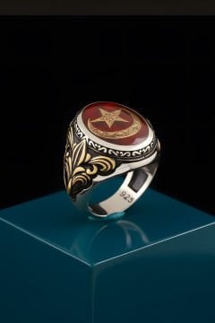 Ay Yıldız Desenli Mineli Gümüş Erkek Yüzük