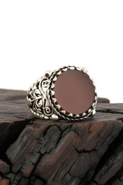 Akik Taşlı El İşi Hayat Ağacı Desenli Gümüş Yüzük