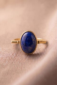 Geometrik Tasarım Lapis Lazuli Taşlı Kadın Gümüş Yüzük 20 - Altın Rengi
