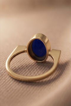 Geometrik Tasarım Lapis Lazuli Taşlı Kadın Gümüş Yüzük 21 - Altın Rengi