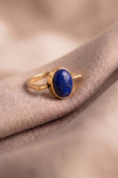 Geometrik Tasarım Lapis Lazuli Taşlı Kadın Gümüş Yüzük 22 - Altın Rengi