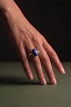 Geometrik Tasarım Lapis Lazuli Taşlı Kadın Gümüş Yüzük 23 - Altın Rengi