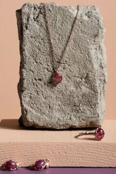 Doğal Yakut Taşlı Minimal Gümüş Kadın Takı Seti Rose Rengi - 9