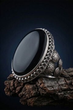Büyük Boy Oniks Taşlı Özel Tasarım Erkek Gümüş Yüzük