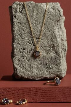 Mistik Topaz Taşlı Minimal Gümüş Kadın Takı Seti Altın Rengi - 14
