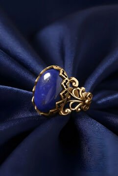 Rumi Model Lapis Lazuli Taşlı El İşi Gümüş Yüzük 19 - Altın Rengi