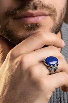 Bora Model El İşi Lapis Lazuli Taşlı Gümüş Yüzük