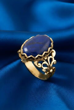 Rumi Model Lapis Lazuli Taşlı El İşi Gümüş Yüzük 24 - Altın Rengi