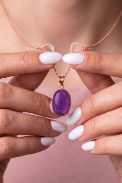 Ametist Renk Zirkon Taşlı Minimal Gümüş Kolye Rose Rengi