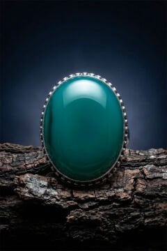 Büyük Boy Yeşil Akik Taşlı Özel Tasarım Erkek Gümüş Yüzük