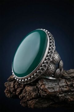 Büyük Boy Yeşil Akik Taşlı Özel Tasarım Erkek Gümüş Yüzük