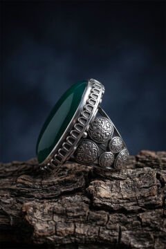 Büyük Boy Yeşil Akik Taşlı Özel Tasarım Erkek Gümüş Yüzük