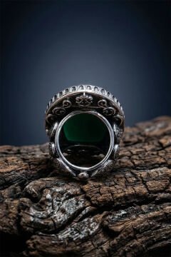 Büyük Boy Yeşil Akik Taşlı Özel Tasarım Erkek Gümüş Yüzük