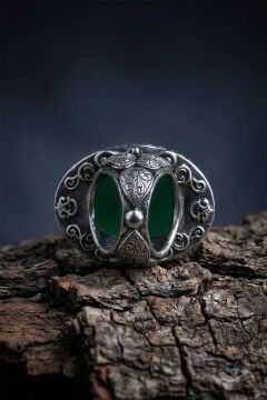 Büyük Boy Yeşil Akik Taşlı Özel Tasarım Erkek Gümüş Yüzük