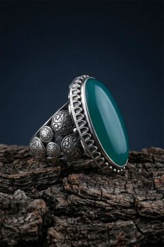 Büyük Boy Yeşil Akik Taşlı Özel Tasarım Erkek Gümüş Yüzük