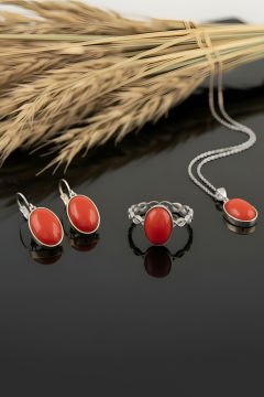 Mercan Taşlı El İşi Minimal Model Gümüş 3'lü Set