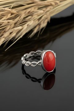 Mercan Taşlı El İşi Minimal Model Gümüş 3'lü Set