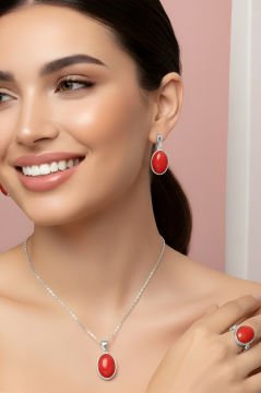 Mercan Taşlı El İşi Minimal Model Gümüş 3'lü Set