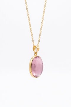 Pembe Renk Zirkon Taşlı Minimal Gümüş Kolye Altın Rengi