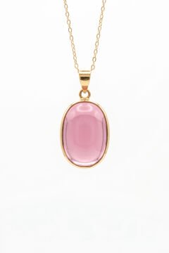 Pembe Renk Zirkon Taşlı Minimal Gümüş Kolye Altın Rengi