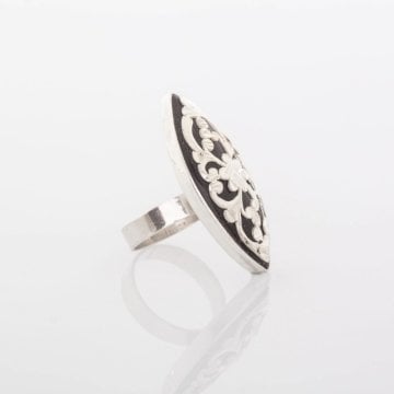 Oltu Taşlı Erzurum Kalem İşlemeli Gümüş Yüzük