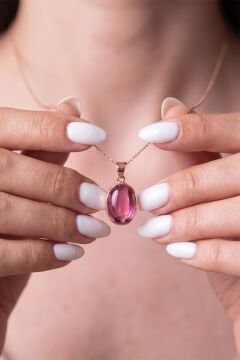 Pembe Renk Zirkon Taşlı Minimal Gümüş Kolye Rose Rengi