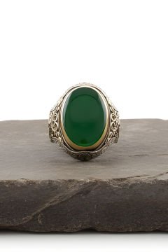 Yeşil Akik Taşlı Berceste Model Gümüş Erkek Yüzük