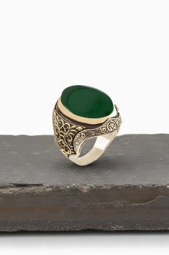 Yeşil Akik Taşlı Berceste Model Gümüş Erkek Yüzük