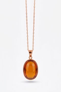 Turuncu Renk Zirkon Taşlı Minimal Gümüş Kolye Rose Rengi