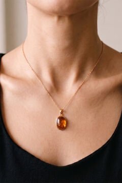 Turuncu Renk Zirkon Taşlı Minimal Gümüş Kolye Rose Rengi