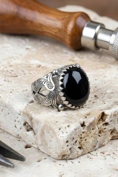 Bora Model El İşi Oniks Taşlı Gümüş Yüzük