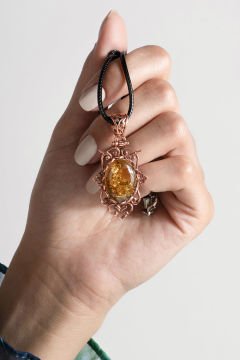Orijinal Damla Kehribar El İşi Gümüş Kolye Rose Rengi
