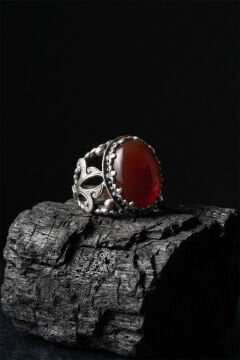 Akik Taşlı Zambak Model El İşçiliği Erkek Gümüş Yüzük