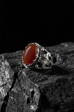 Akik Taşlı Zambak Model El İşçiliği Erkek Gümüş Yüzük