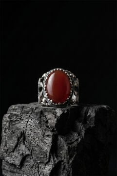 Akik Taşlı Zambak Model El İşçiliği Erkek Gümüş Yüzük