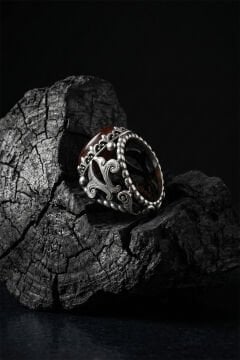 Akik Taşlı Zambak Model El İşçiliği Erkek Gümüş Yüzük