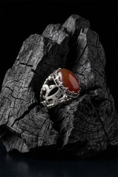 Akik Taşlı Zambak Model El İşçiliği Erkek Gümüş Yüzük