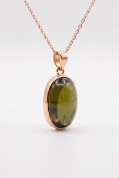 Yeşil Renk Zirkon Taşlı Minimal Gümüş Kolye Rose Rengi